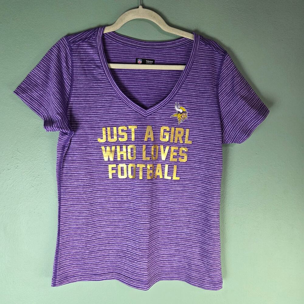 NFL Womens Purple Minnesota Vikings Football V-Neck Striped Top Large Sporty